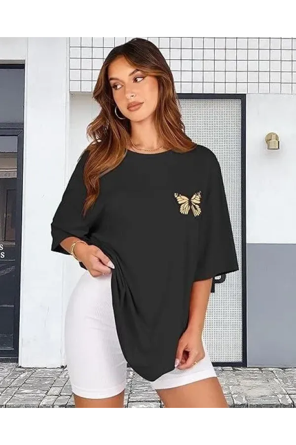 Kadın Bisiklet Yaka Baskılı T-shirt - Siyah