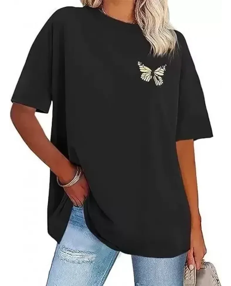 Kadın Bisiklet Yaka Baskılı T-shirt - Siyah