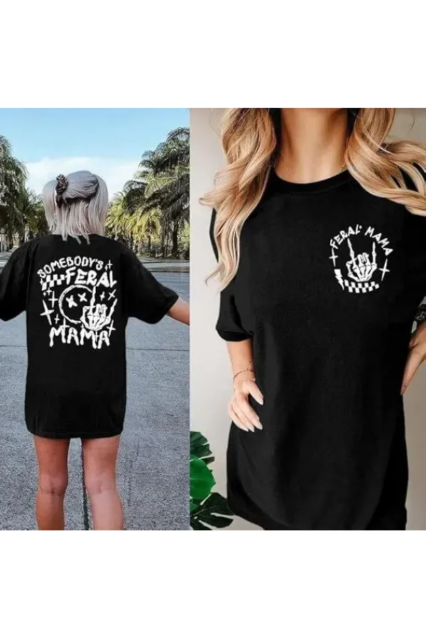 Kadın Bisiklet Yaka Baskılı T-shirt - Siyah