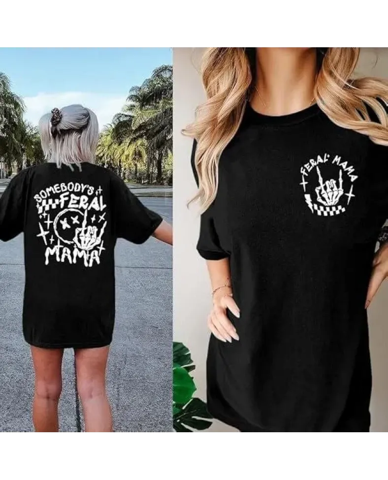 Kadın Bisiklet Yaka Baskılı T-shirt - Siyah