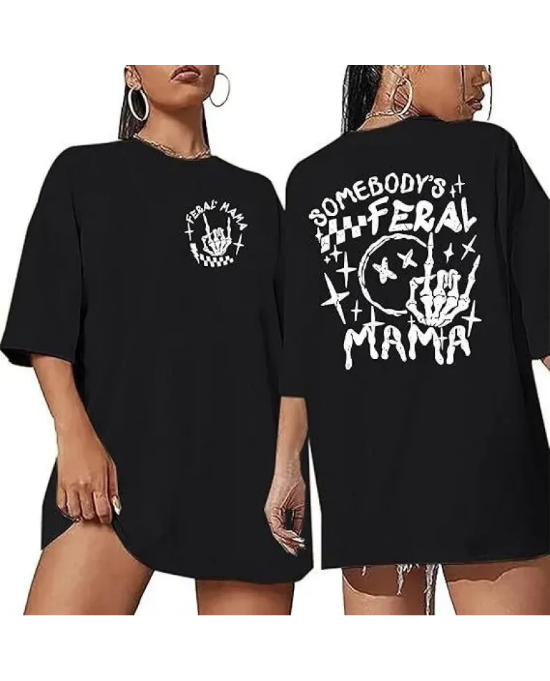 Kadın Bisiklet Yaka Baskılı T-shirt - Siyah