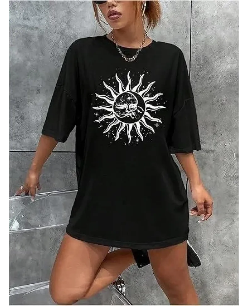 Kadın Bisiklet Yaka Baskılı T-shirt - Siyah