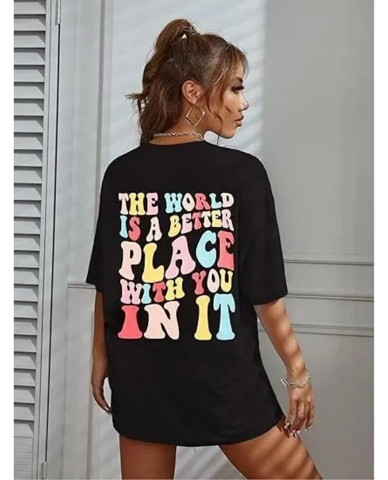 Kadın Bisiklet Yaka Baskılı T-shirt - Siyah