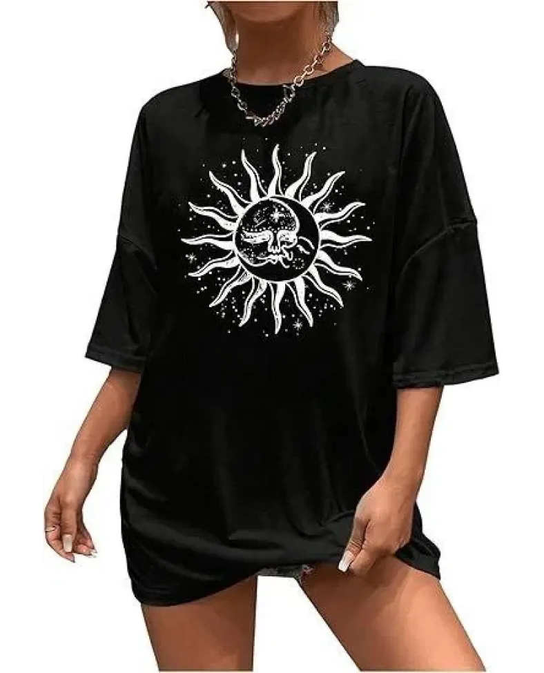 Kadın Bisiklet Yaka Baskılı T-shirt - Siyah