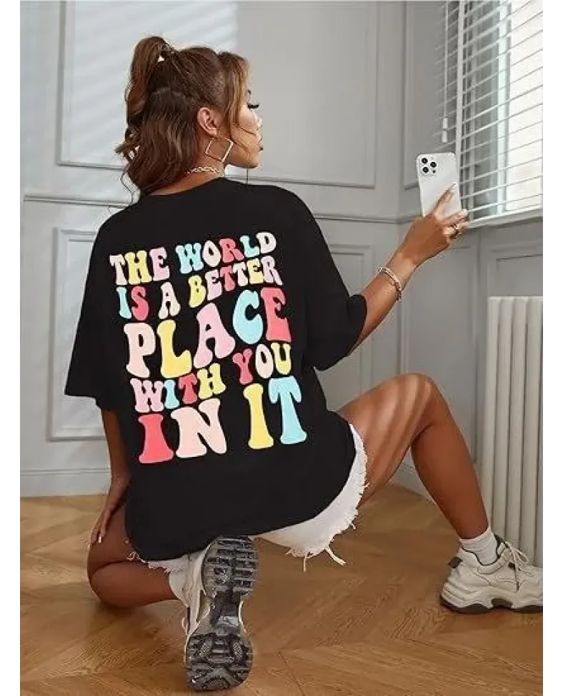 Kadın Bisiklet Yaka Baskılı T-shirt - Siyah