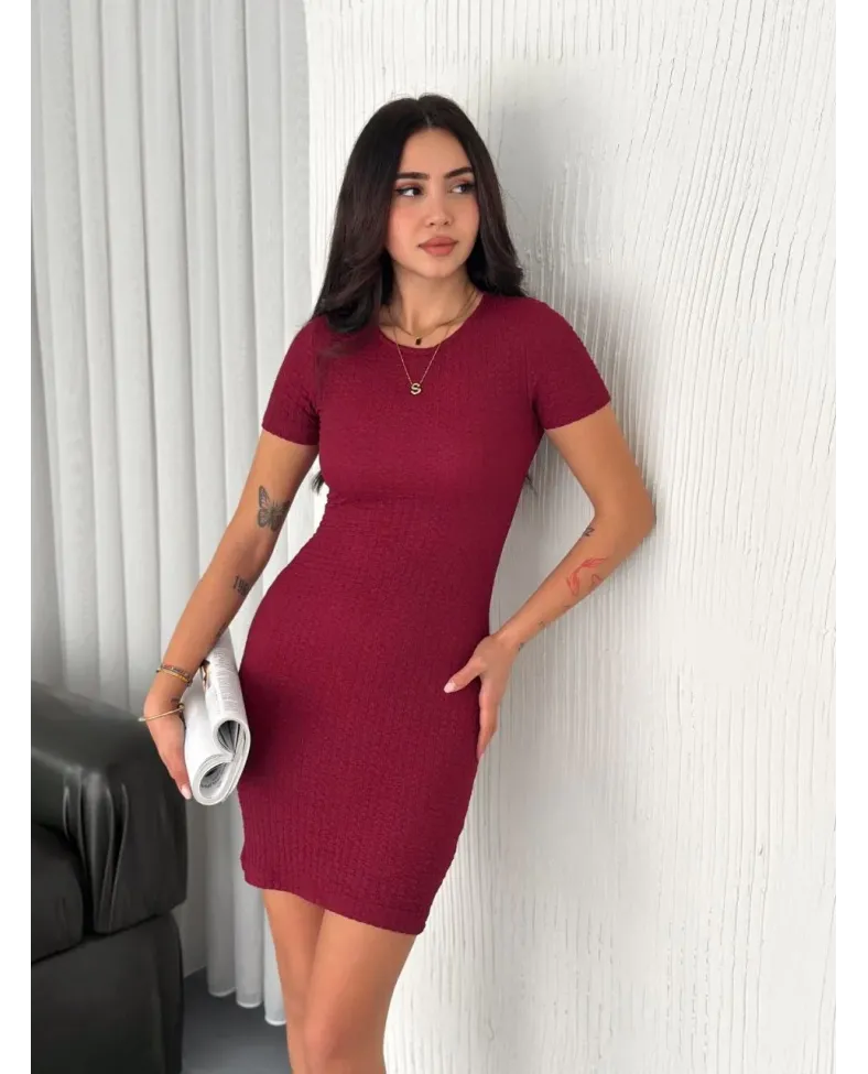 Kadın Bisiklet Yaka Kısa Kol Likralı Elbise - Bordo