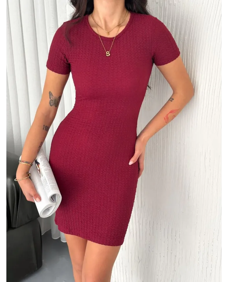 Kadın Bisiklet Yaka Kısa Kol Likralı Elbise - Bordo