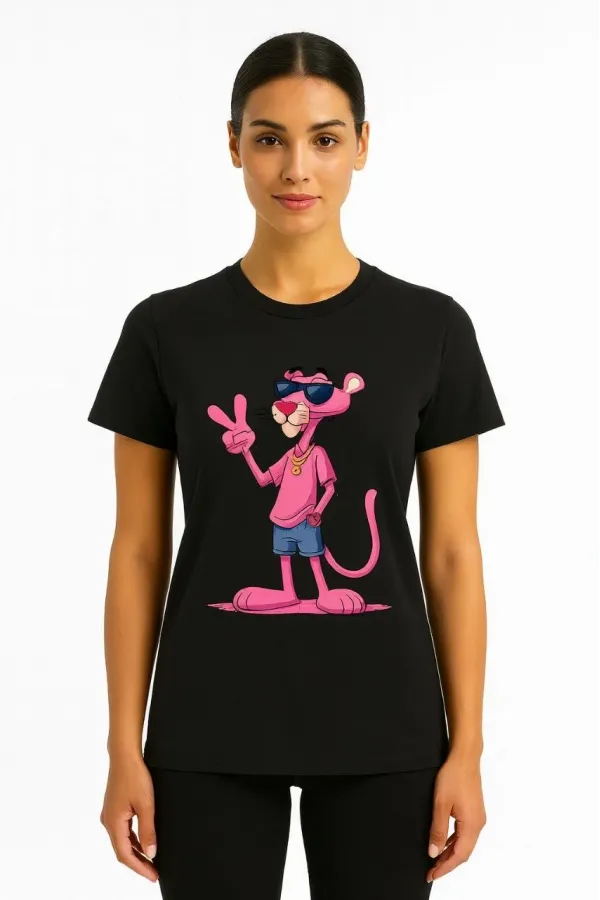 Kadın Bisiklet Yaka Kısa Kollu Baskılı T-shirt - Siyah