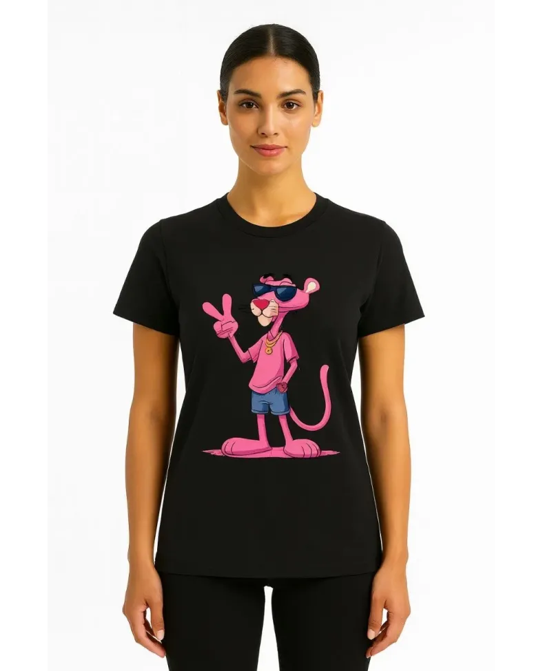 Kadın Bisiklet Yaka Kısa Kollu Baskılı T-shirt - Siyah