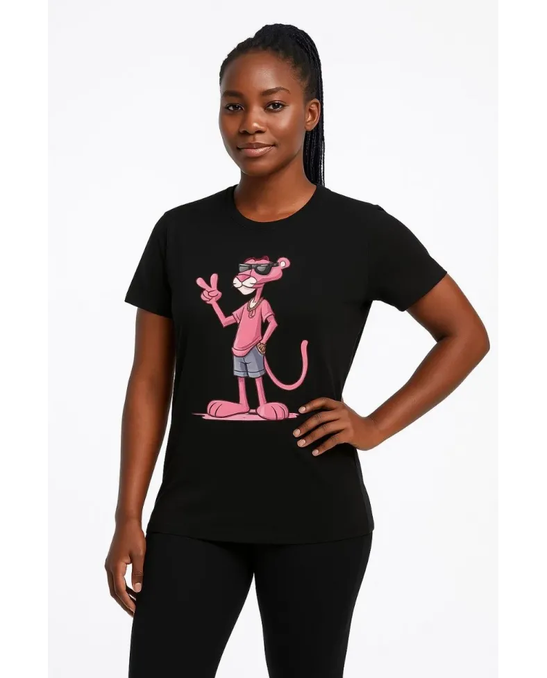 Kadın Bisiklet Yaka Kısa Kollu Baskılı T-shirt - Siyah