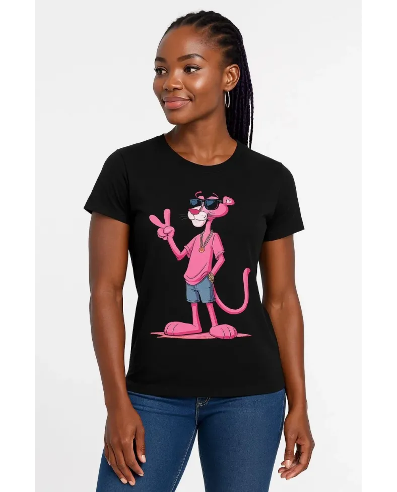 Kadın Bisiklet Yaka Kısa Kollu Baskılı T-shirt - Siyah