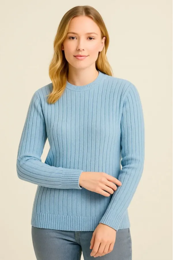 Kadın Bisiklet Yaka Triko Kazak Pamuklu Kalın Fitilli Dokuma - Bebe Mavisi
