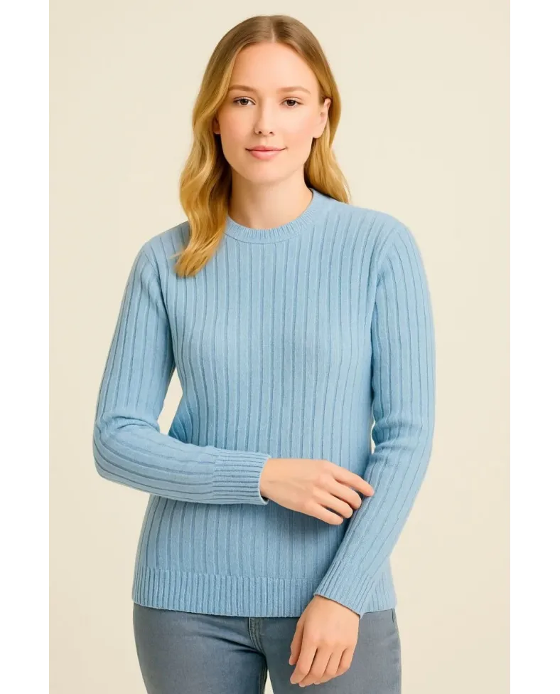 Kadın Bisiklet Yaka Triko Kazak Pamuklu Kalın Fitilli Dokuma - Bebe Mavisi