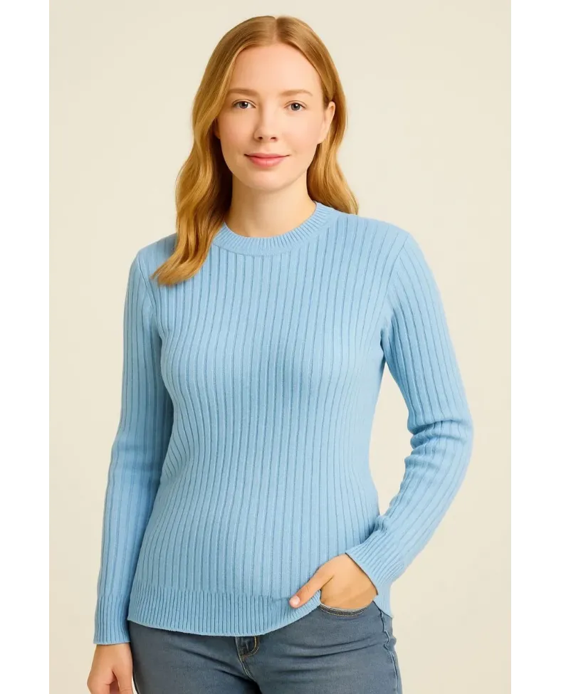 Kadın Bisiklet Yaka Triko Kazak Pamuklu Kalın Fitilli Dokuma - Bebe Mavisi