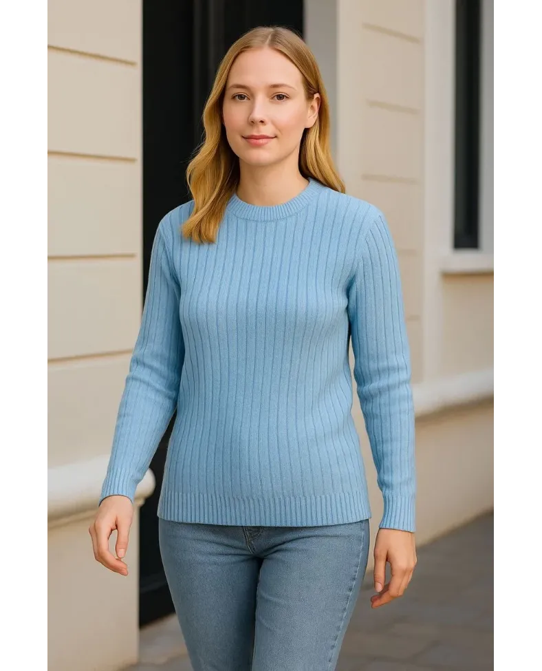 Kadın Bisiklet Yaka Triko Kazak Pamuklu Kalın Fitilli Dokuma - Bebe Mavisi