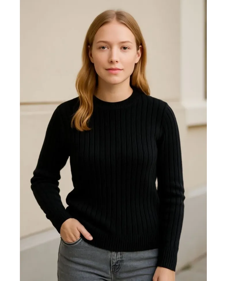 Kadın Bisiklet Yuvarlak Yaka Triko Kazak Pamuklu Kalın Fitilli Dokuma Regular Fit - Siyah