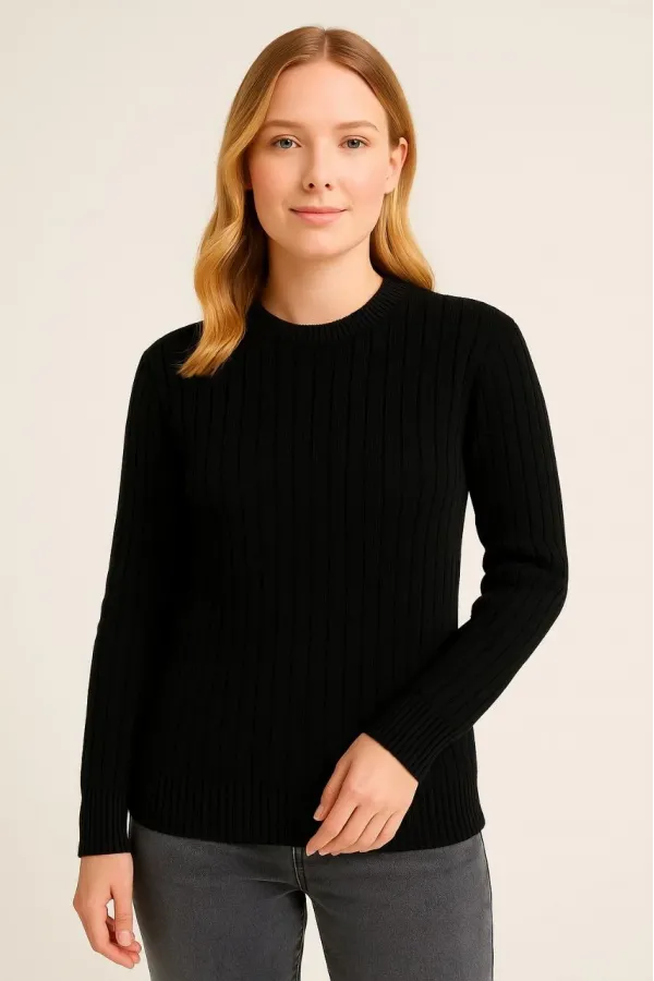 Kadın Bisiklet Yuvarlak Yaka Triko Kazak Pamuklu Kalın Fitilli Dokuma Regular Fit - Siyah