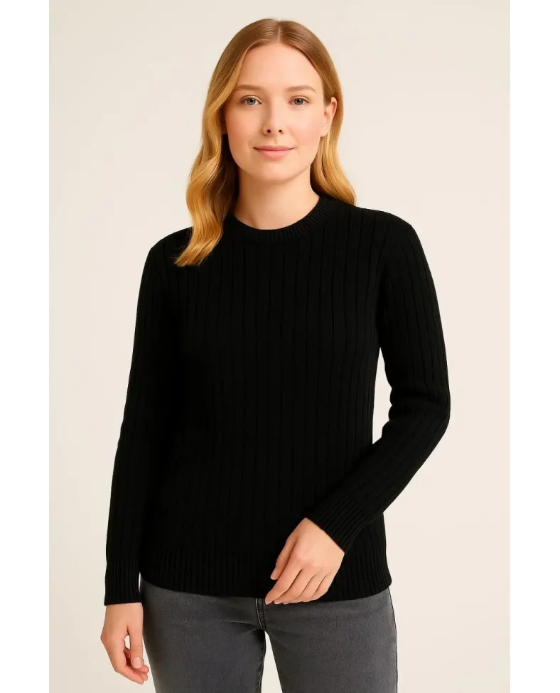 Kadın Bisiklet Yuvarlak Yaka Triko Kazak Pamuklu Kalın Fitilli Dokuma Regular Fit - Siyah