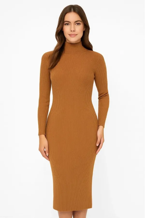 Kadın Boğazlı Triko Elbise Uzun Fitilli Esnek Dokuma Tam Kalıp Baharlık 130 - Kahverengi