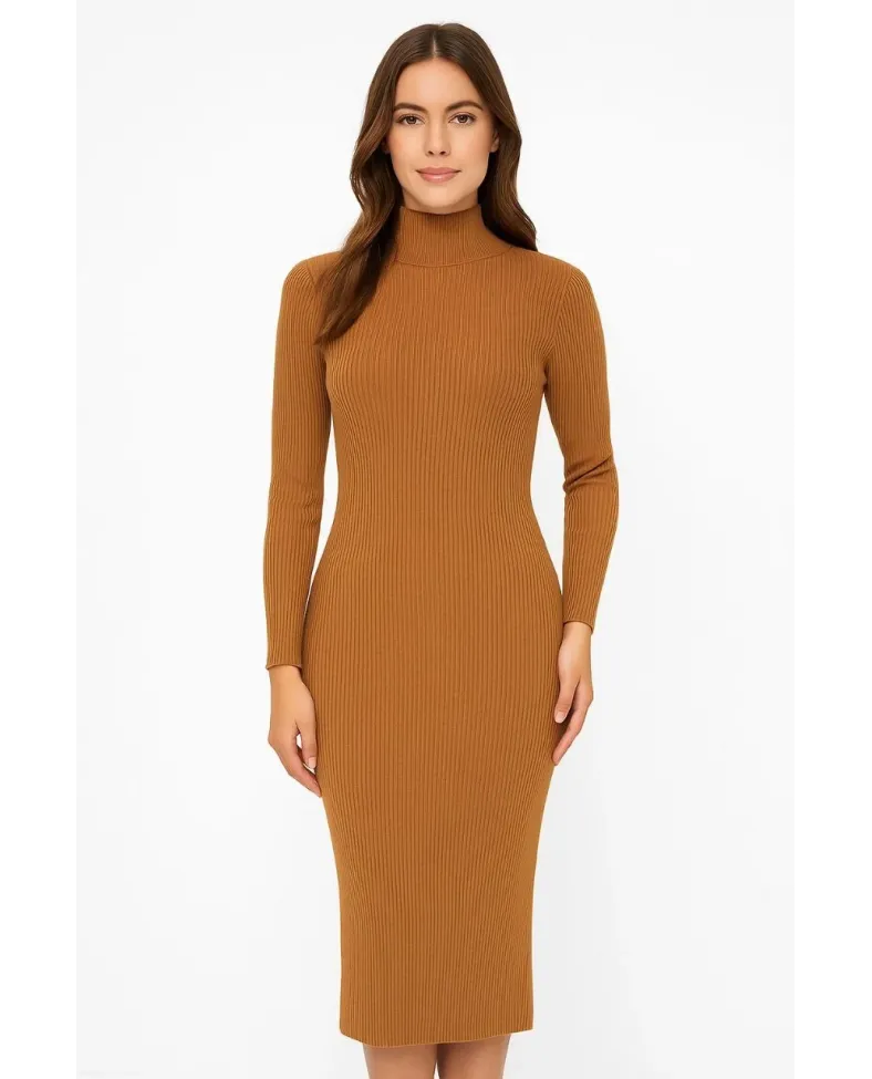 Kadın Boğazlı Triko Elbise Uzun Fitilli Esnek Dokuma Tam Kalıp Baharlık 130 - Kahverengi