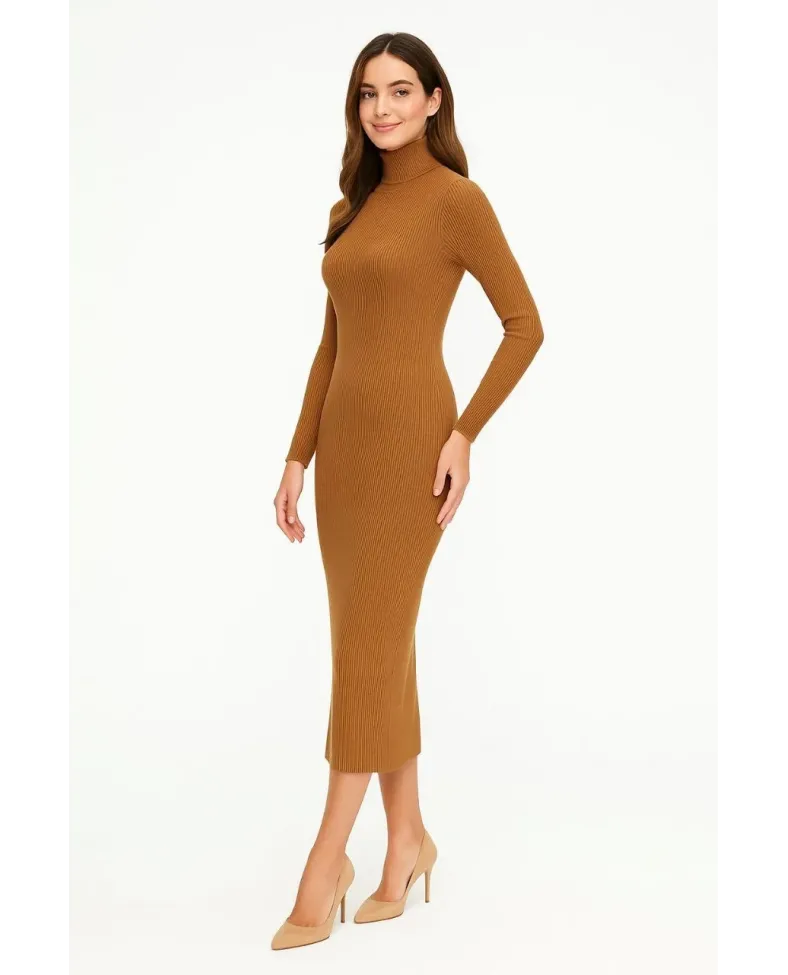 Kadın Boğazlı Triko Elbise Uzun Fitilli Esnek Dokuma Tam Kalıp Baharlık 130 - Kahverengi