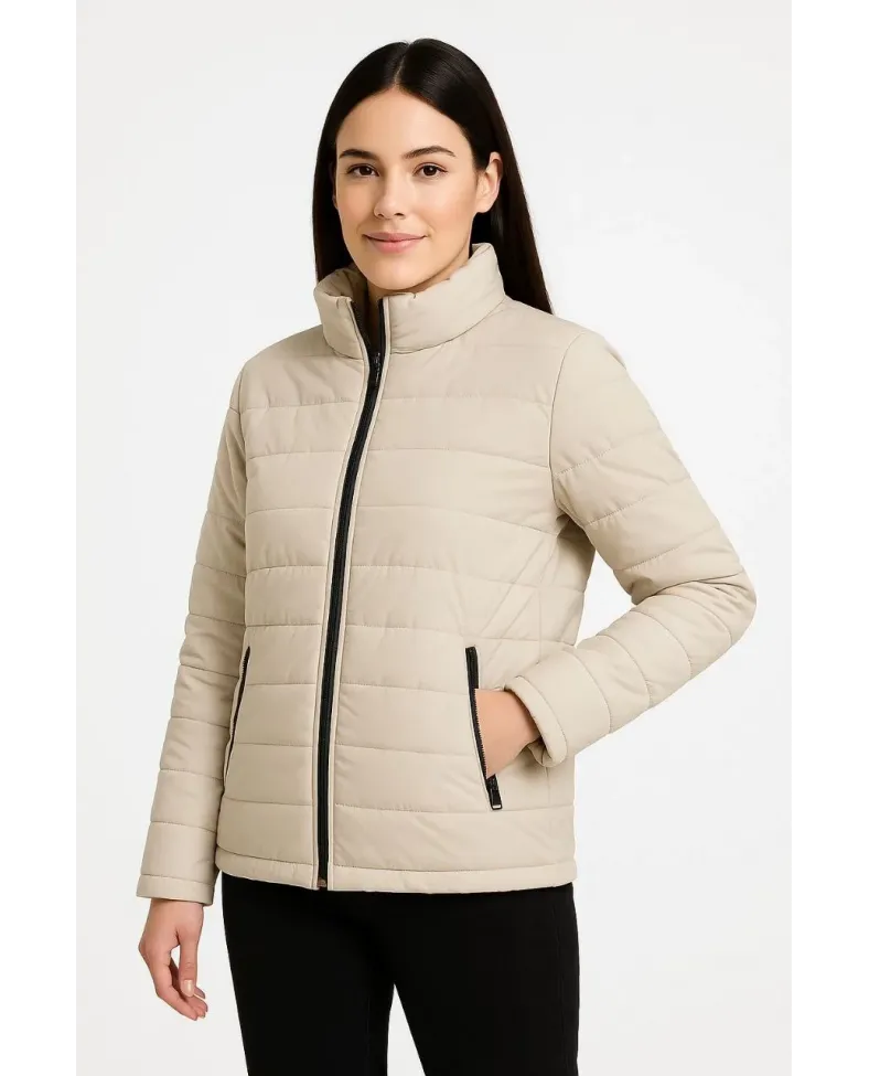 Kadın Bomber Mont Ceket – Su İtici Kumaş, Kapitone Astarlı, Fermuarlı, Kışlık - Bej