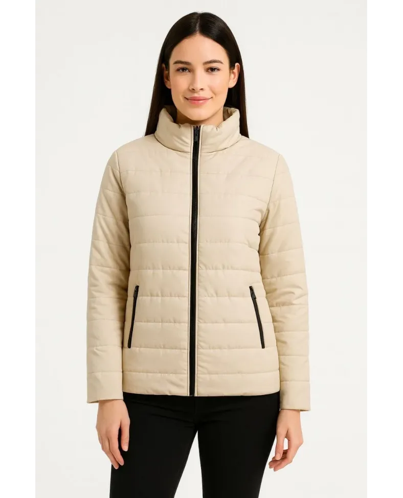 Kadın Bomber Mont Ceket – Su İtici Kumaş, Kapitone Astarlı, Fermuarlı, Kışlık - Bej