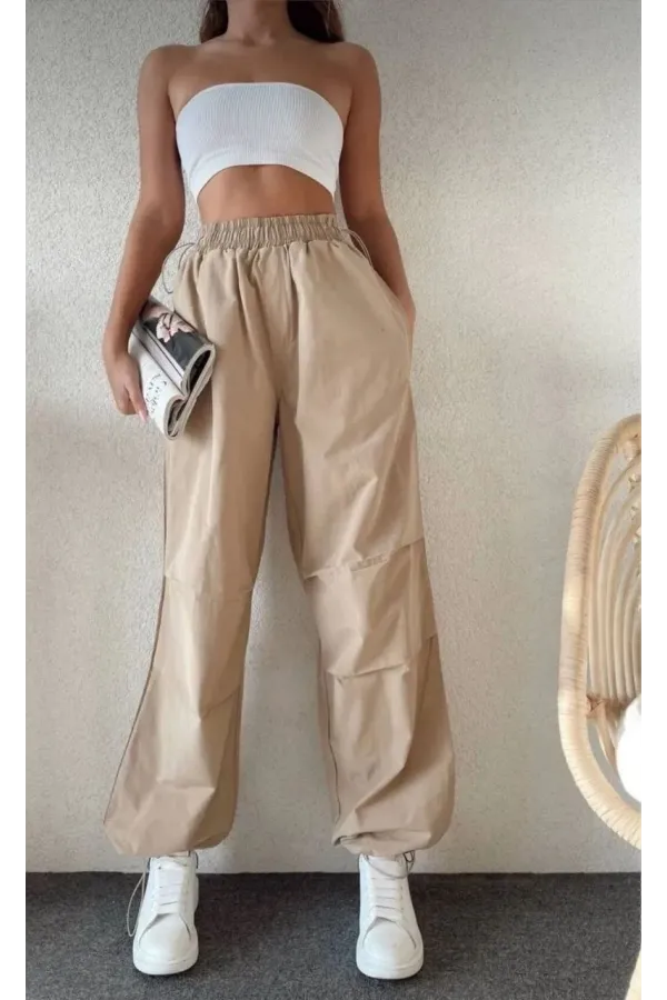 Kadın Cepli Paraşut Pantalon - Bej