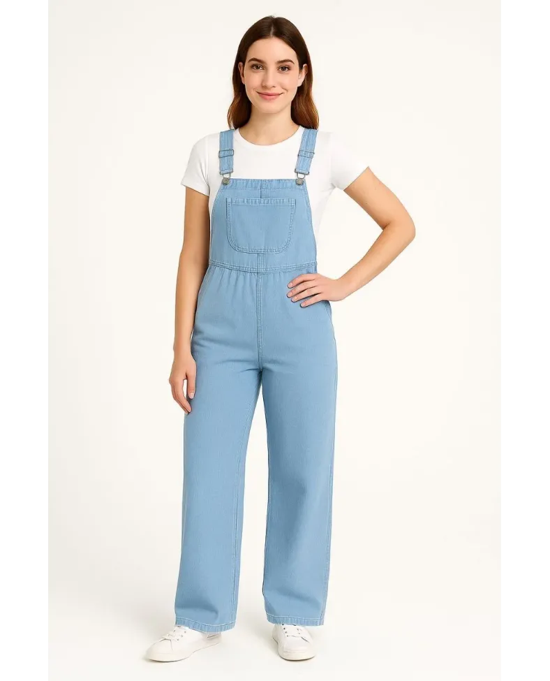 Kadın Chambray Açık Mavi Denim Görünümlü Geniş Paça Salopet Tulum - Mavi