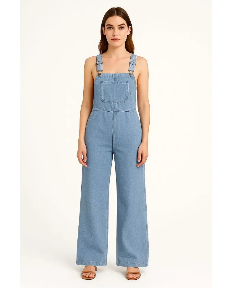 Kadın Chambray Açık Mavi Denim Görünümlü Geniş Paça Salopet Tulum - Mavi