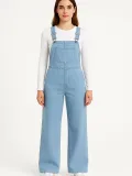Kadın Chambray Açık Mavi Denim Görünümlü Geniş Paça Salopet Tulum - Mavi