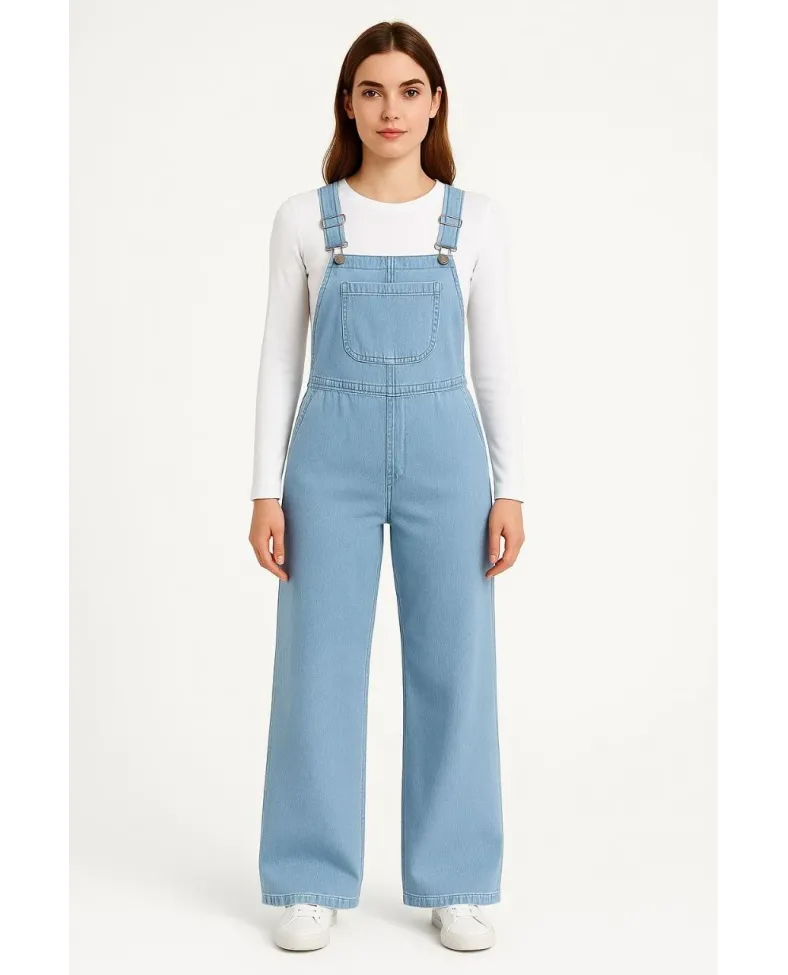 Kadın Chambray Açık Mavi Denim Görünümlü Geniş Paça Salopet Tulum - Mavi