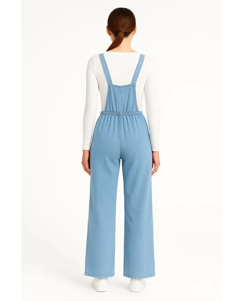 Kadın Chambray Açık Mavi Denim Görünümlü Geniş Paça Salopet Tulum - Mavi