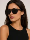 Kadın Çift Köprülü Kare Güneş Gözlüğü UV400 Siyah Çerçeve Siyah Cam