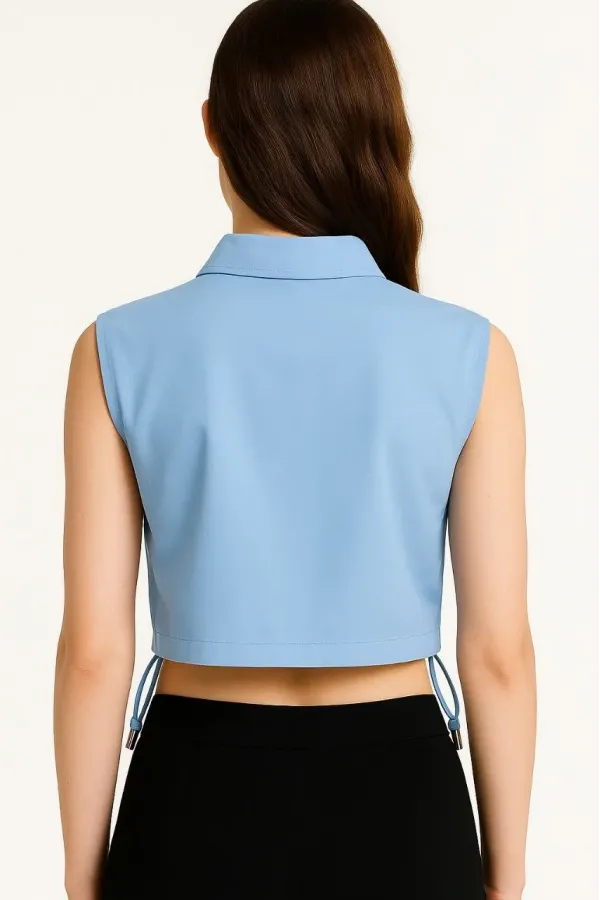 Kadın Crop Poplin Gömlek Yalancı Cepli Ayarlanabilir Yan Kordonlu - Bebe Mavisi