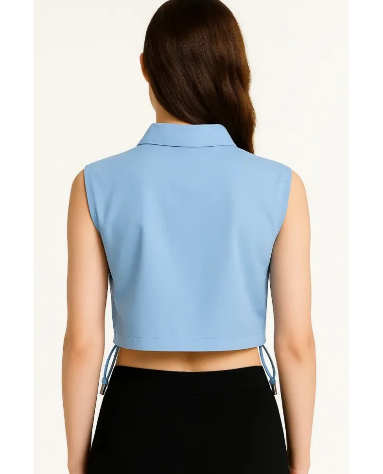 Kadın Crop Poplin Gömlek Yalancı Cepli Ayarlanabilir Yan Kordonlu - Bebe Mavisi