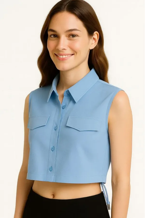 Kadın Crop Poplin Gömlek Yalancı Cepli Ayarlanabilir Yan Kordonlu - Bebe Mavisi