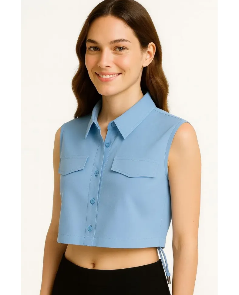 Kadın Crop Poplin Gömlek Yalancı Cepli Ayarlanabilir Yan Kordonlu - Bebe Mavisi