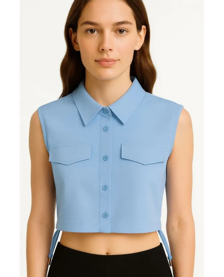 Kadın Crop Poplin Gömlek Yalancı Cepli Ayarlanabilir Yan Kordonlu - Bebe Mavisi