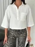 Z Krep Kadın Crop Yakalı Gömlek İlik Düğmeli Üç Çeyrek Sleeve Kol - Beyaz