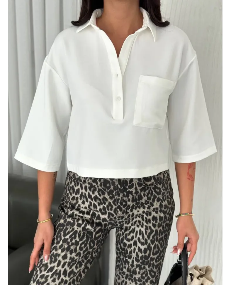 Z Krep Kadın Crop Yakalı Gömlek İlik Düğmeli Üç Çeyrek Sleeve Kol - Beyaz