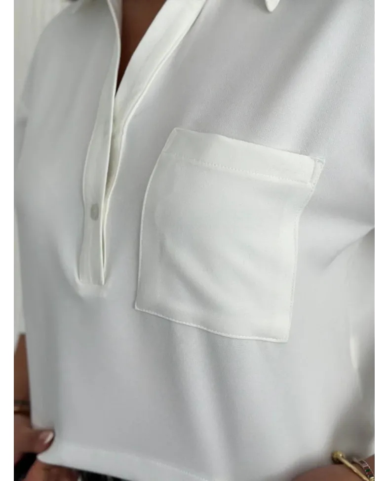 Z Krep Kadın Crop Yakalı Gömlek İlik Düğmeli Üç Çeyrek Sleeve Kol - Beyaz