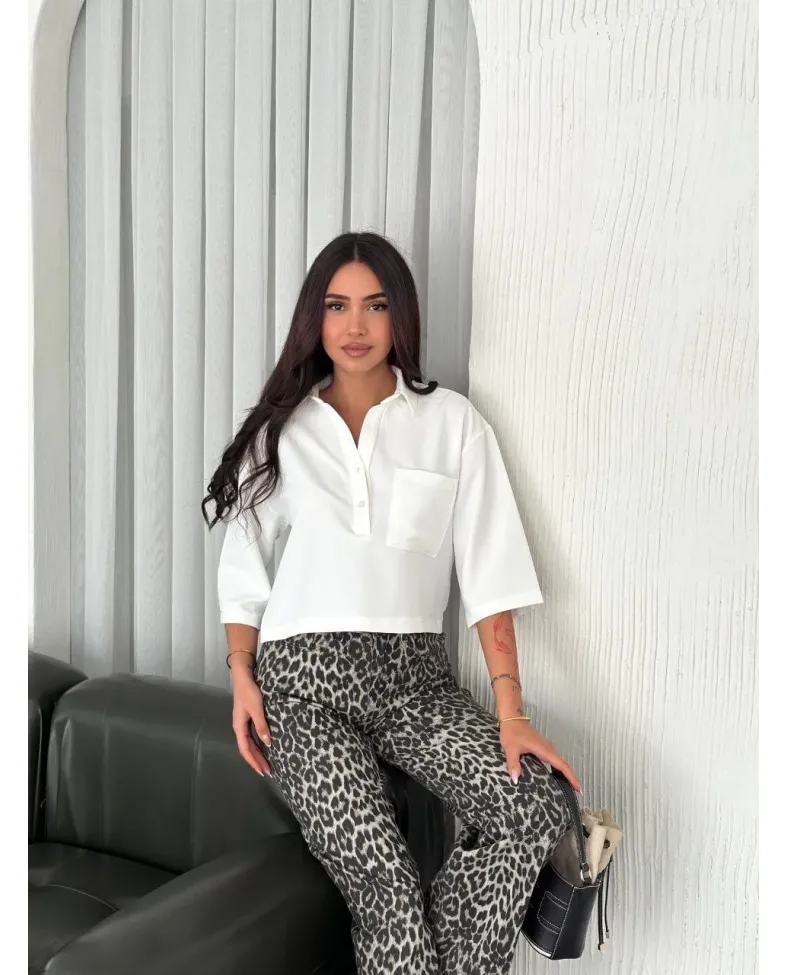 Z Krep Kadın Crop Yakalı Gömlek İlik Düğmeli Üç Çeyrek Sleeve Kol - Beyaz