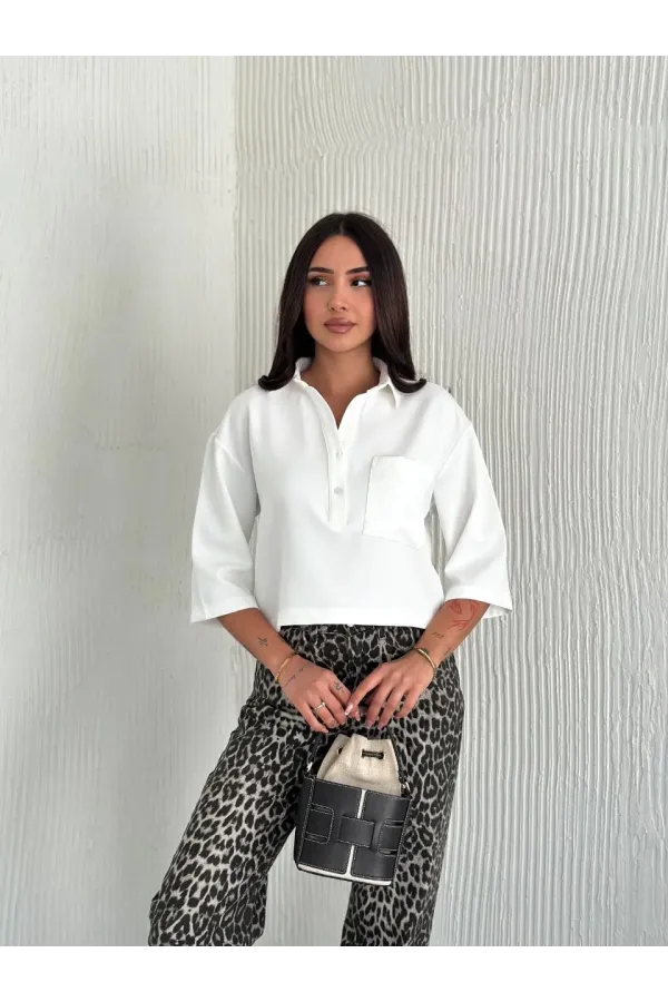 Z Krep Kadın Crop Yakalı Gömlek İlik Düğmeli Üç Çeyrek Sleeve Kol - Beyaz