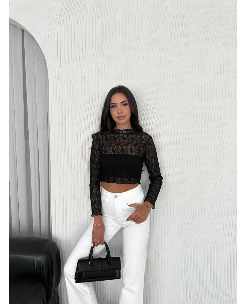 Kadın Dantel Uzun Kol Bluz- Siyah