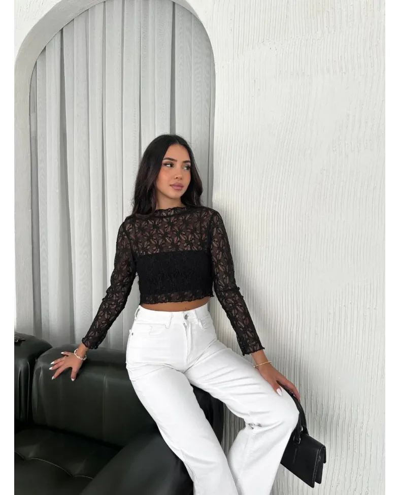 Kadın Dantel Uzun Kol Bluz- Siyah