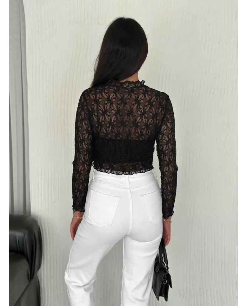 Kadın Dantel Uzun Kol Bluz- Siyah