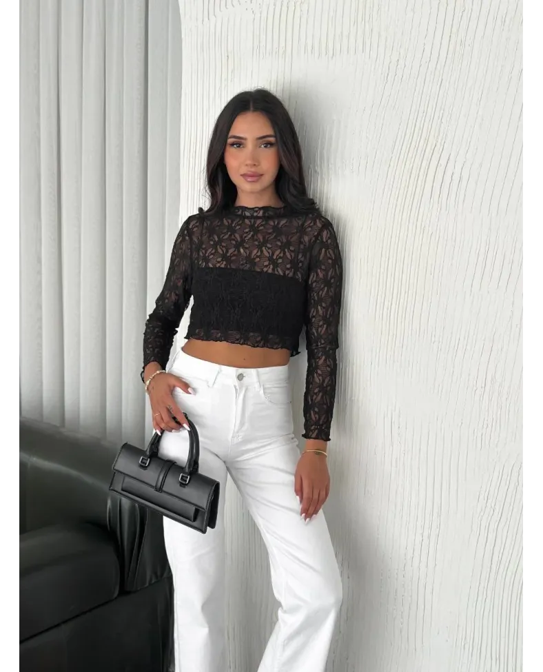 Kadın Dantel Uzun Kol Bluz- Siyah