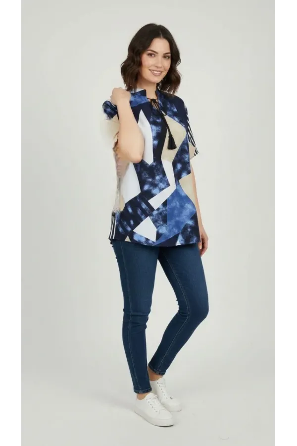 Kadın Desenli Püsküllü Viskon Bluz Bebe Yaka Kısa Kollu Big Size Rahat Kesim - Desenli