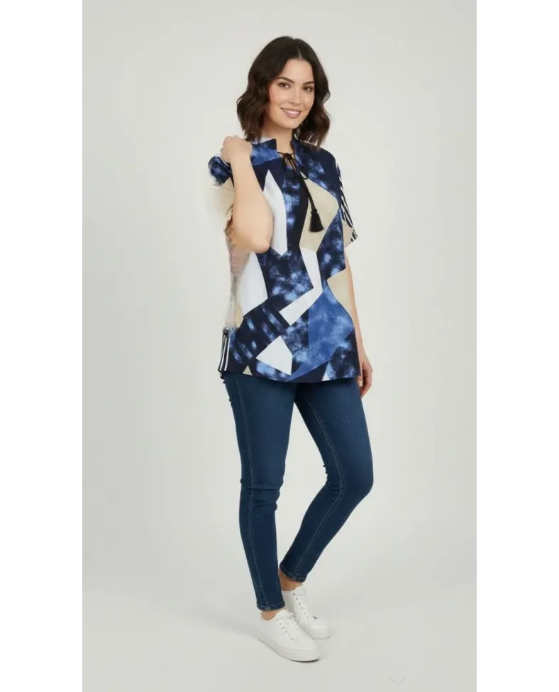 Kadın Desenli Püsküllü Viskon Bluz Bebe Yaka Kısa Kollu Big Size Rahat Kesim - Desenli